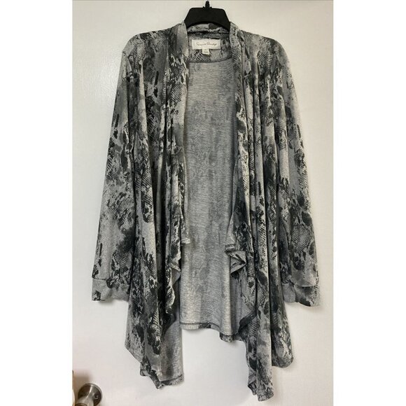 French Laundry Cardigan Gray Drape Open Front Knit Sweater Black Print Sz XL - Picture 1 of 4